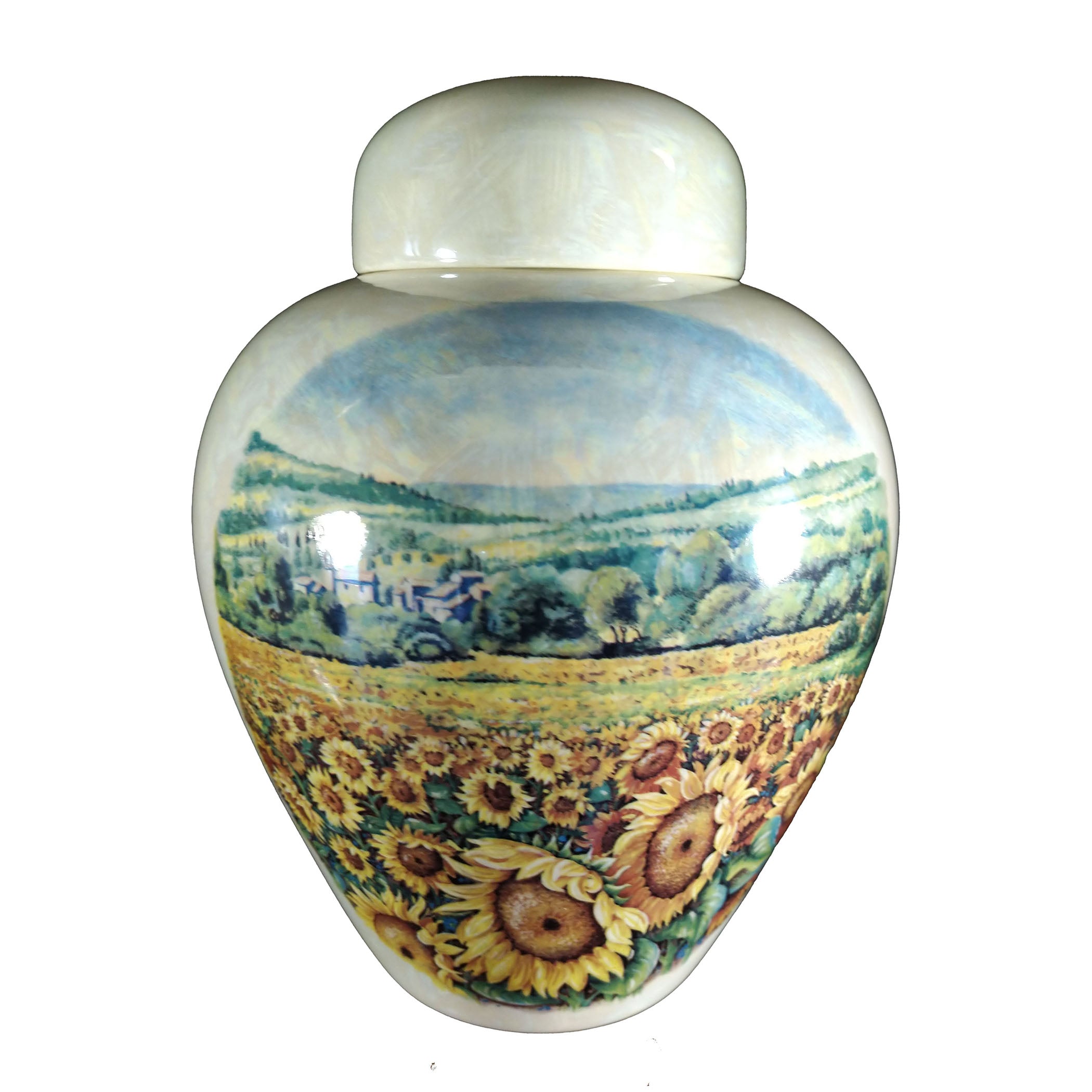 Collection of cremation urns, this urn having an image of sunflowers in a field. | Heartland Urns and Keepsakes