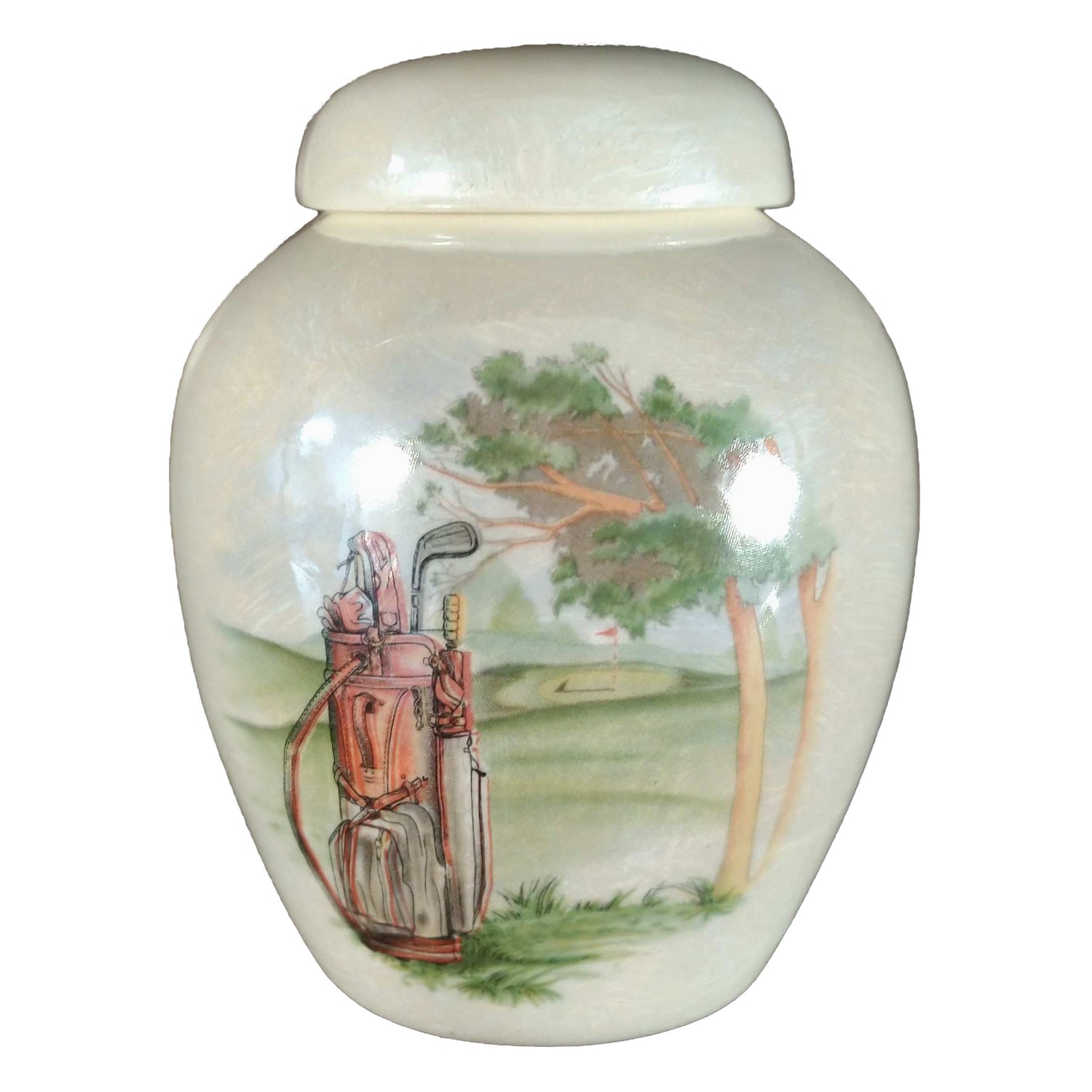 A beautiful small cremation ceramic keepsake urn with a decoration of a golf club bag standing upright on a golf course with a mother-of-pearl finish.