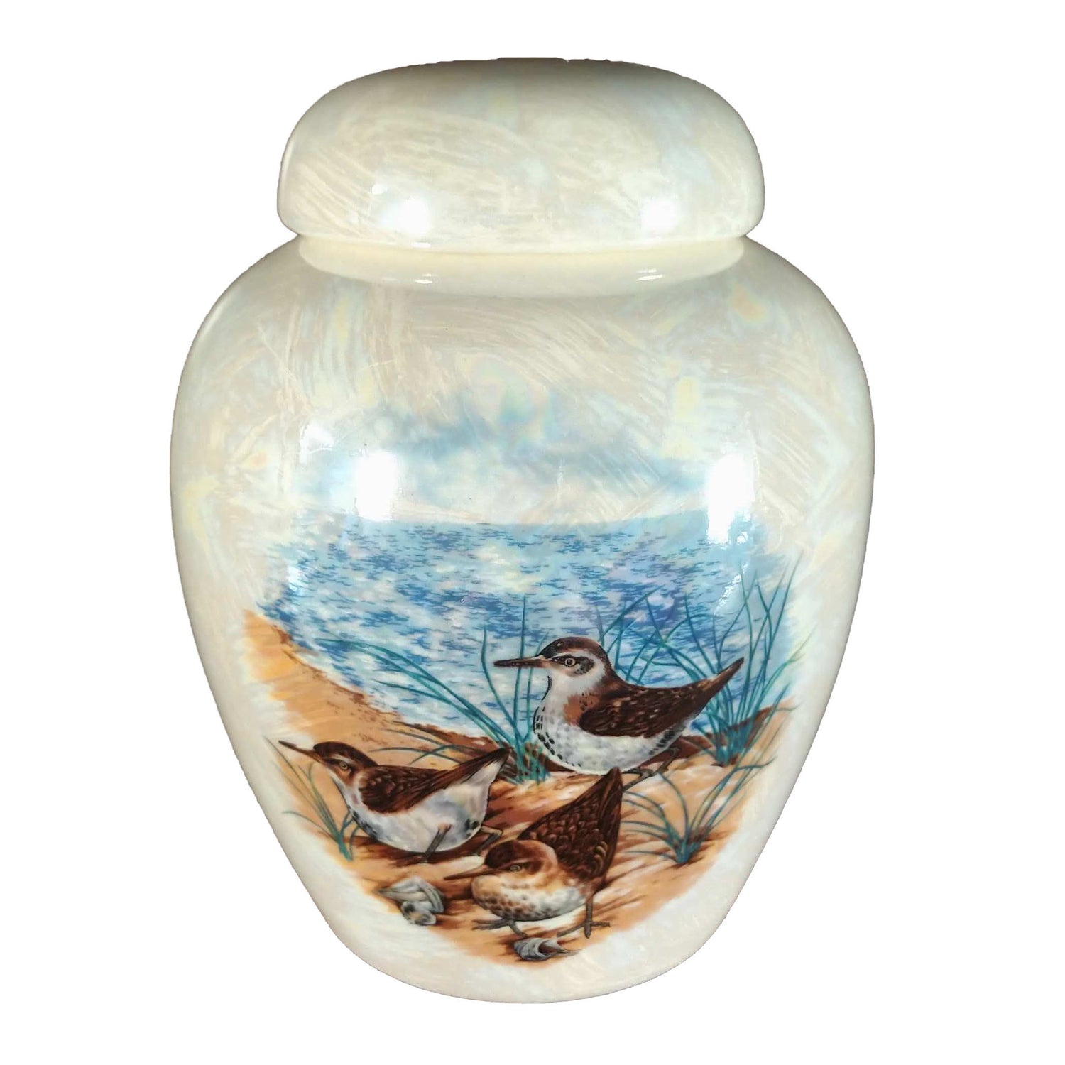 A beautiful small-sized cremation ceramic keepsake urn with a decoration of a group of terns on the shore near a body of water with a mother-of-pearl finish.