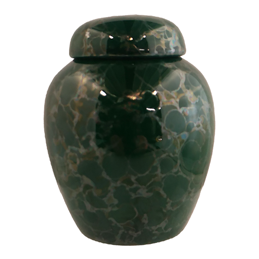 Small urn that is green with a halo lustre finish.