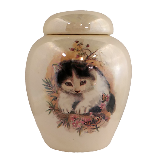 Small urn with a picture of a kitten and butterfly, finished with mother-of-pearl lustre.