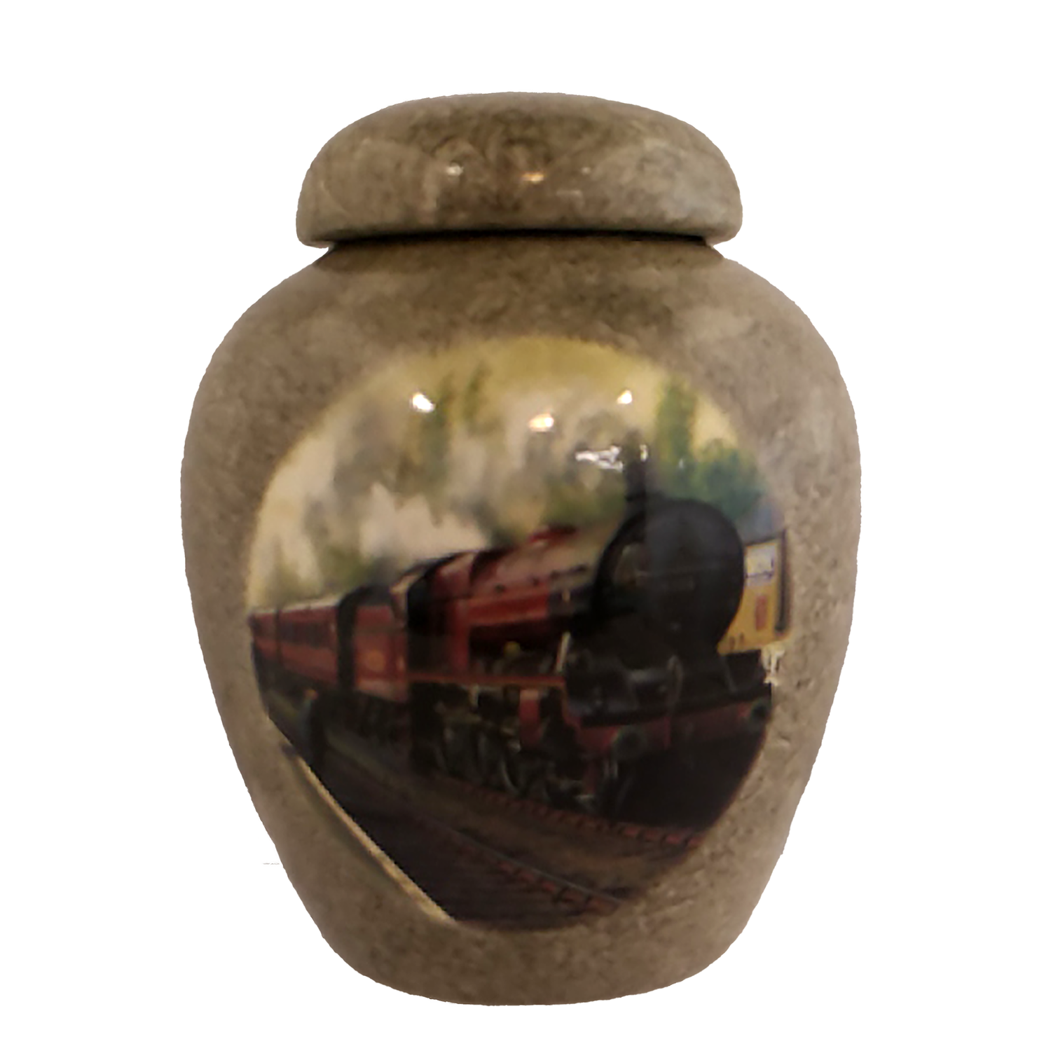 Small urn with a steam train picture