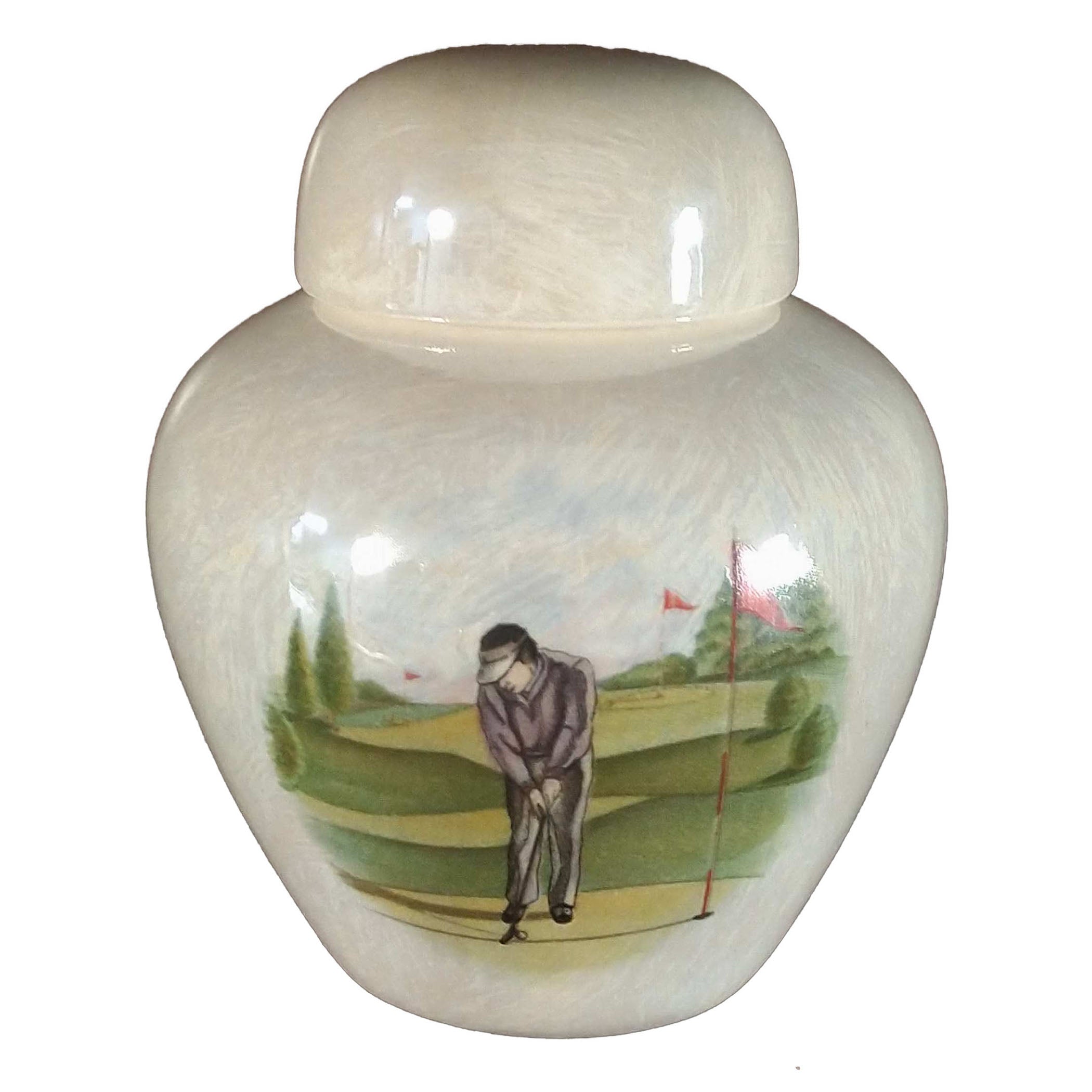 Collection of keepsake urns, this one with an image of golfer putting on a green. | Heartland Urns and Keepsakes