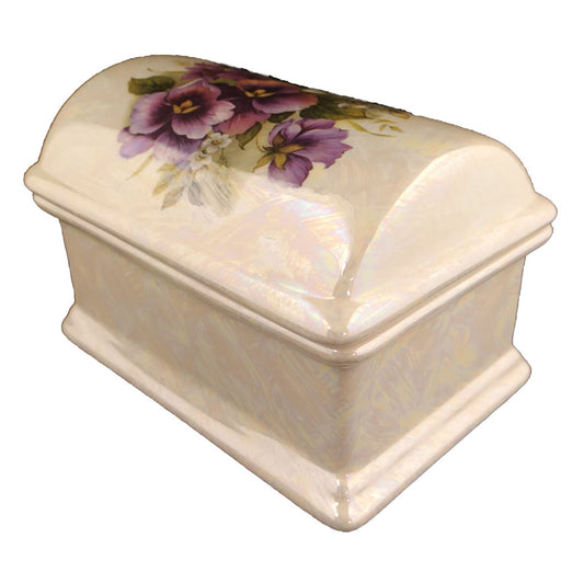 Angled view of the Pansy Treasure Chest Keepsake.