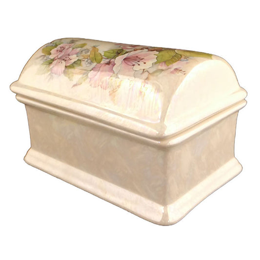 Angled view of the Pearl Pink Floral Treasure Chest Keepsake.