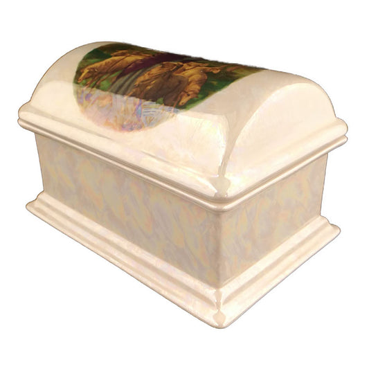 Angled view of Treasure Chest Keepsake with a picture of Jesus holding a shepherd's crook and a lamb standing among eight sheep.
