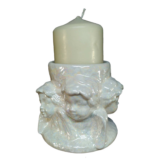 A beautiful ceramic cremation keepsake urn with five cherubs around the base with cup formed at the top to hold the included white candle with a mother-of-pearl finish.