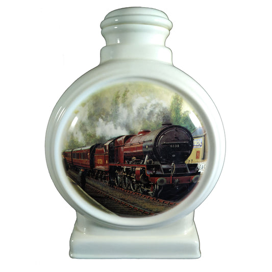 Front view of a large-sized cremation urn with a red steam train picture.