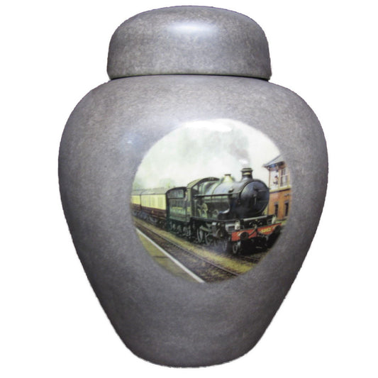 A beautiful medium-sized cremation ceramic urn with a decoration of a steam train with a granite-look finish.
