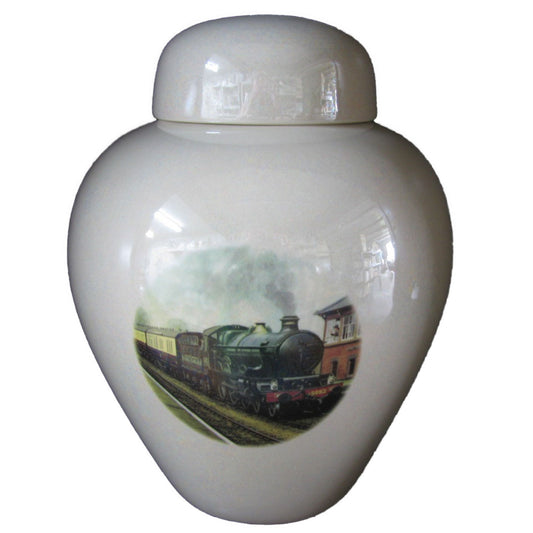 A beautiful medium-sized cremation ceramic urn with a decoration of a steam train with a mother-of-pearl finish.