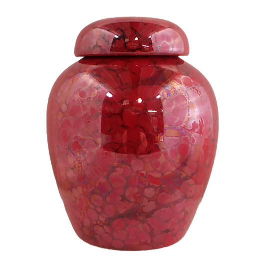 Keepsake urn that is red with a halo lustre finish.