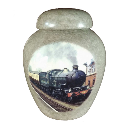 A beautiful medium sized cremation ceramic keepsake urn with a decoration of a steam train with a granite-look finish.