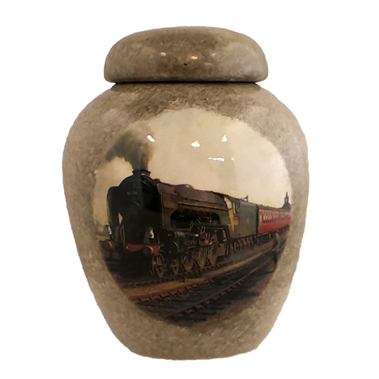 Small urn with a steam train picture.